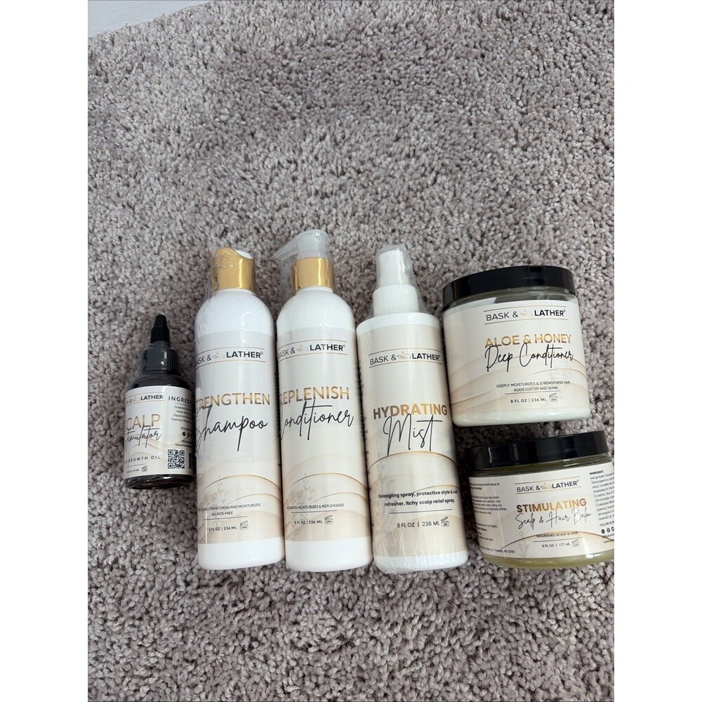 Bask & Lather Healthy Hair Growth 6pc Kit Shampoo Conditioner Oil Mist Balm NEW